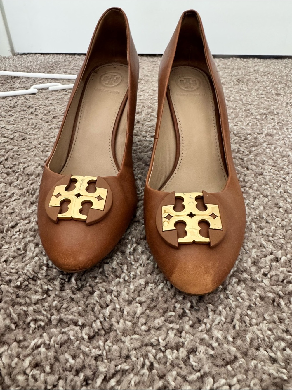 Tory Burch Tan Leather Logo Ballet Wedges